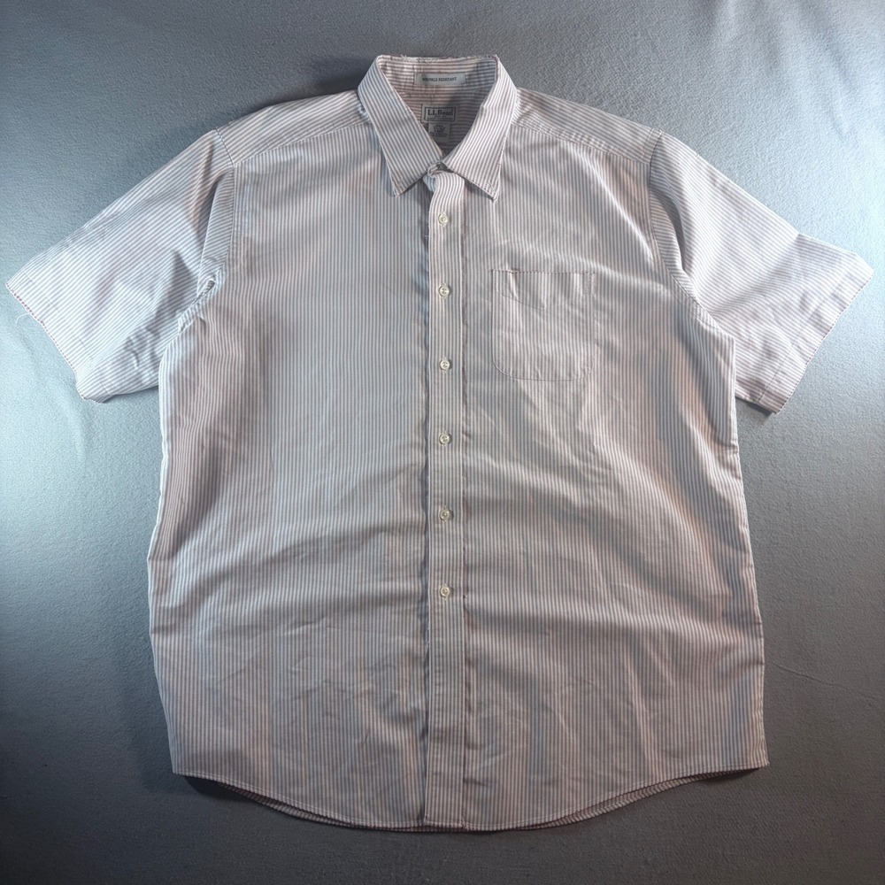 LL Bean‎ Mens XL Short Sleeve Button Down Shirt Red White Stripe Wrinkle Resist